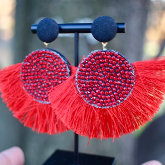 New Red Fringe Sparkle Statement Dangle Earrings - Picture 7 of 13